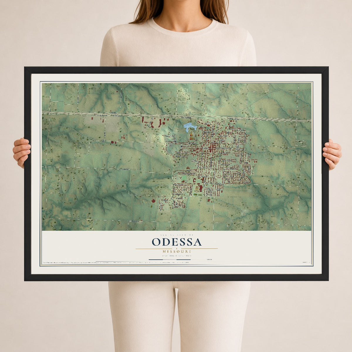 Map of Odessa, Missouri, 24 x 36 inch print in a black wood frame