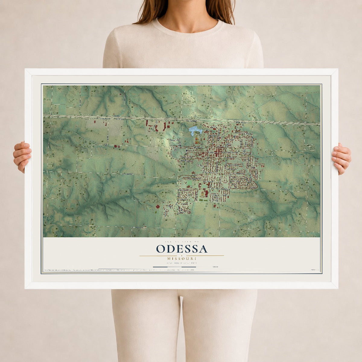 Map of Odessa, Missouri, 24 x 36 inch print in a white wood frame