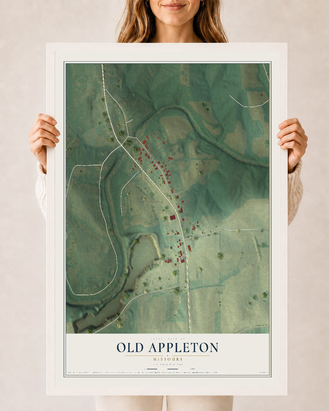 Map of Old Appleton, Missouri, 24 x 36 inch print in a white wood frame