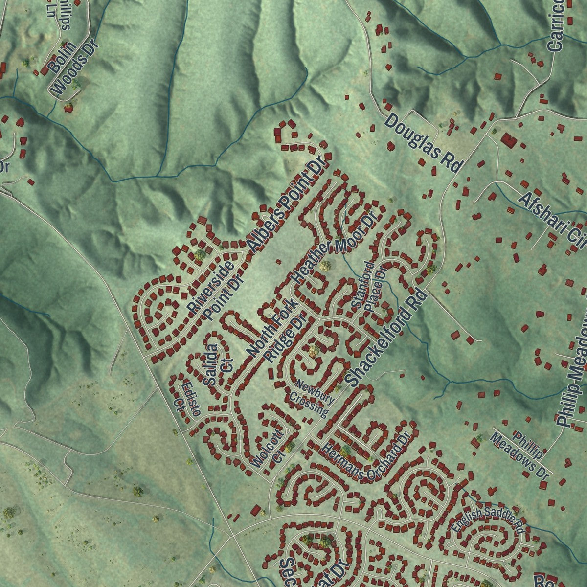 Second close-up of the map of Old Jamestown, Missouri print showing more streets and buildings