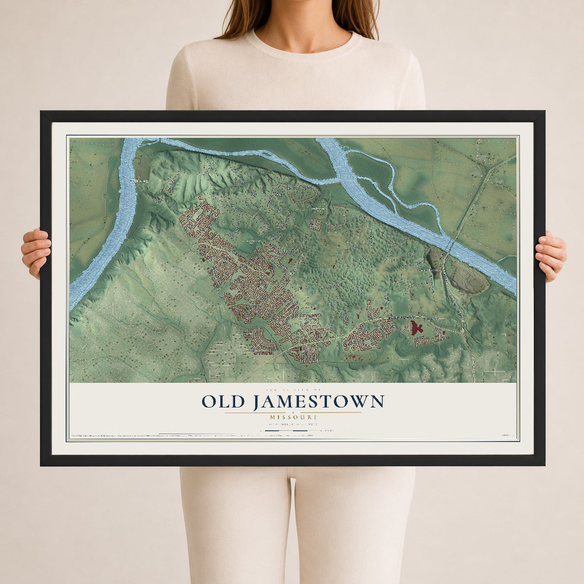 Map of Old Jamestown, Missouri, 24 x 36 inch print in a black wood frame