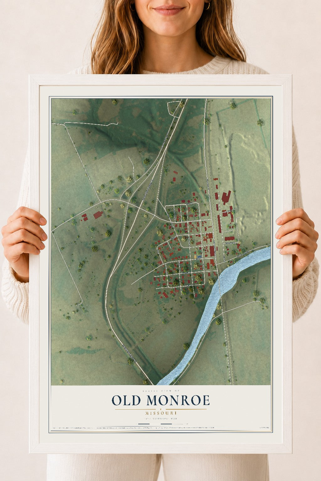 Map of Old Monroe, Missouri, 18 x 24 inch print in a white wood frame