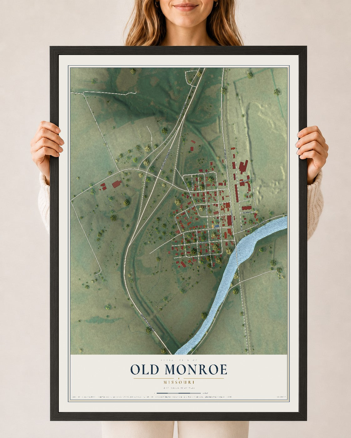 Map of Old Monroe, Missouri, 24 x 36 inch print in a black wood frame