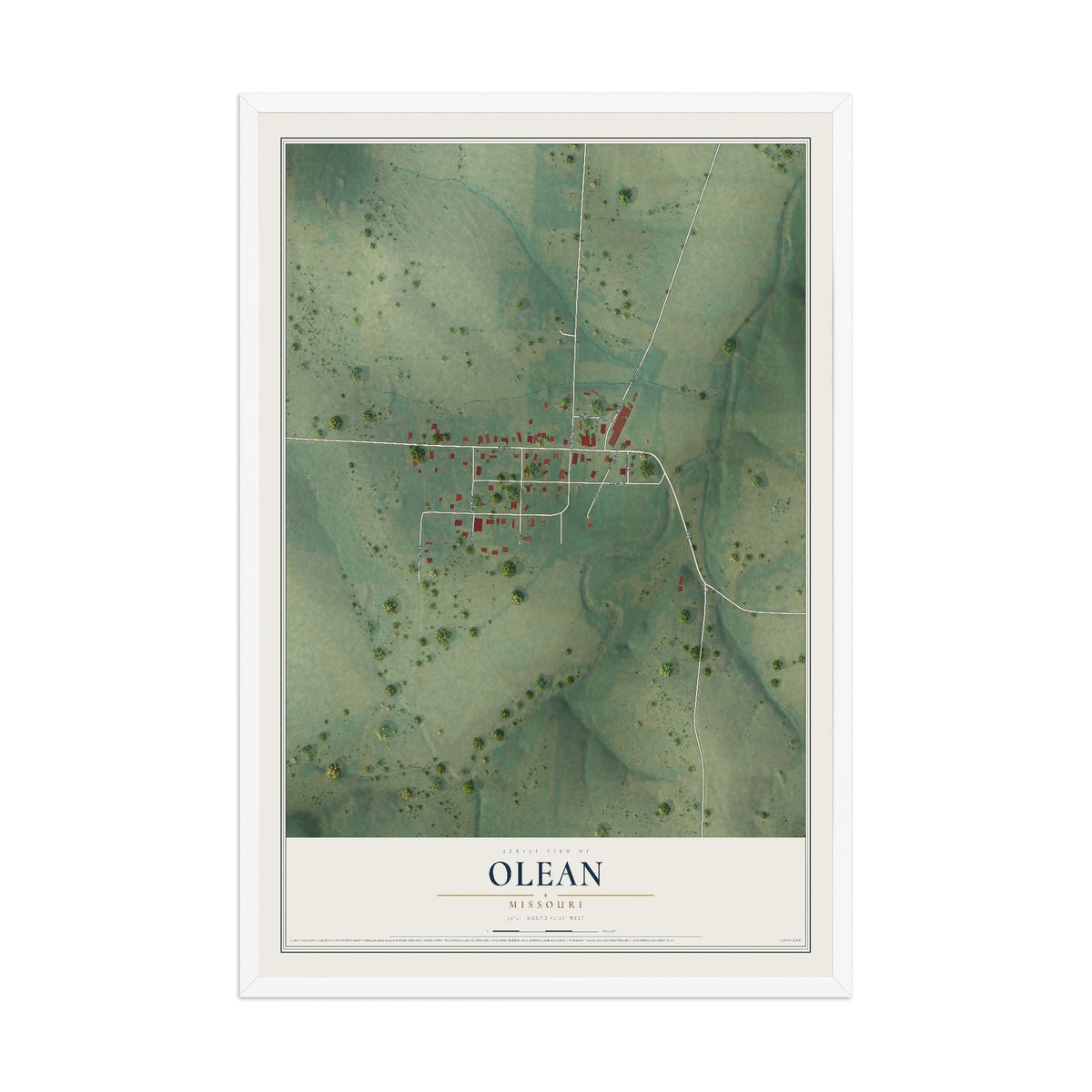 Map of Olean, Missouri, 12 x 18 inch print in a white wood frame