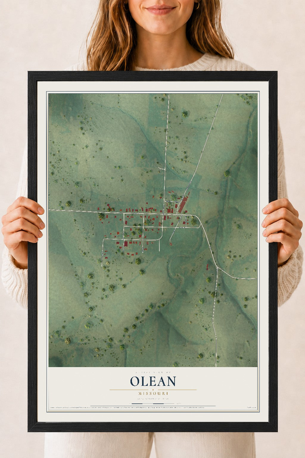 Map of Olean, Missouri, 18 x 24 inch print in a black wood frame