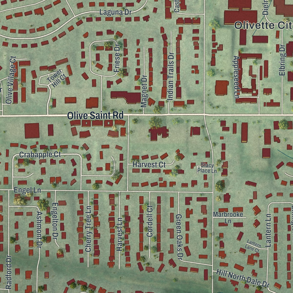 Close-up of the map of Olivette, Missouri print showing street and building detail