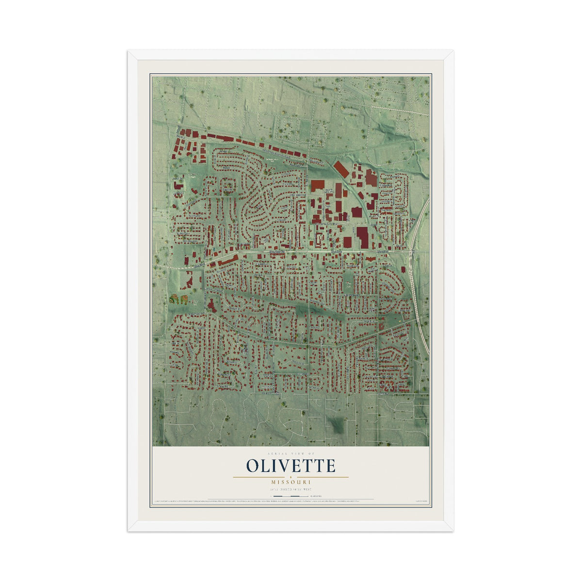 Map of Olivette, Missouri, 12 x 18 inch print in a white wood frame