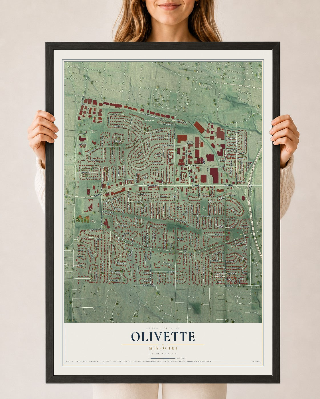 Map of Olivette, Missouri, 24 x 36 inch print in a black wood frame