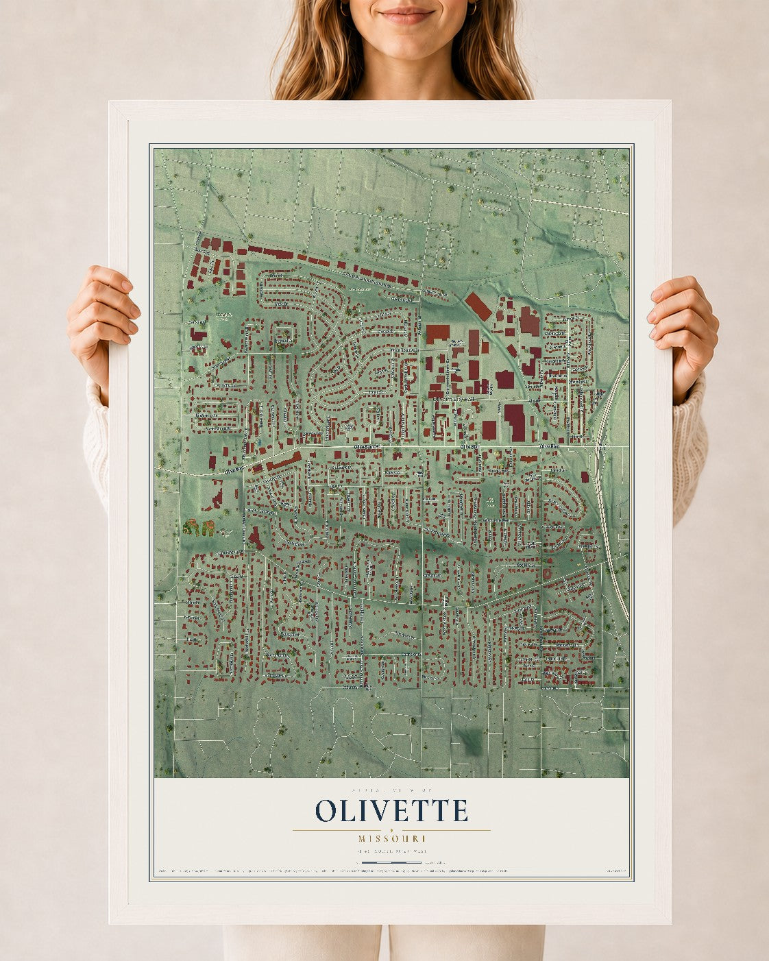 Map of Olivette, Missouri, 24 x 36 inch print in a white wood frame