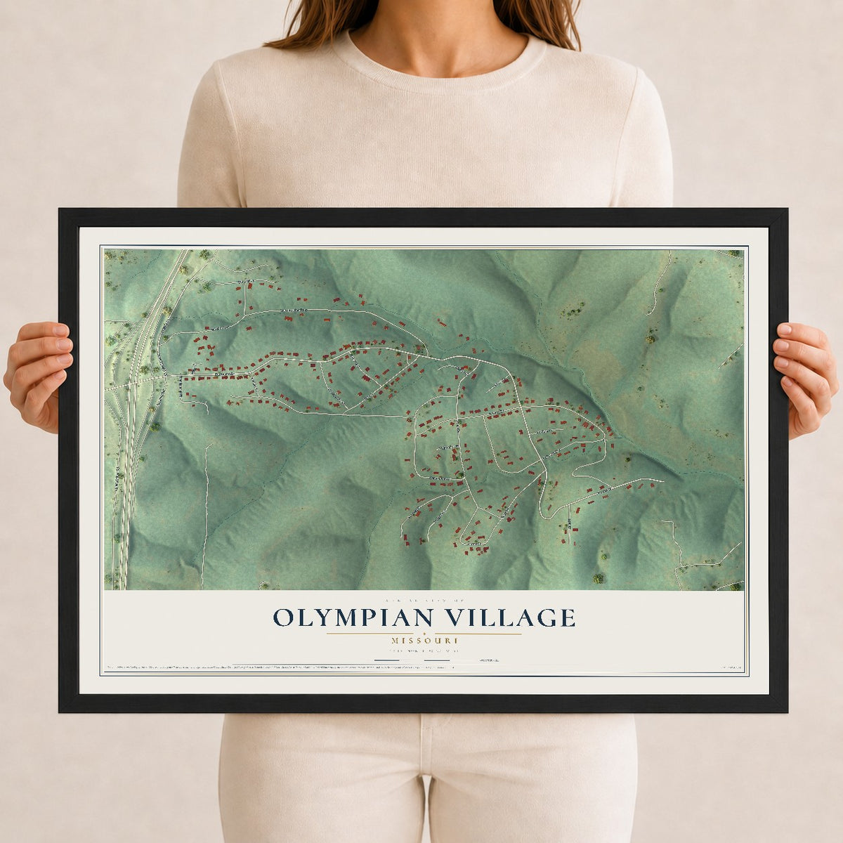 Map of Olympian Village, Missouri, 12 x 18 inch print in a black wood frame