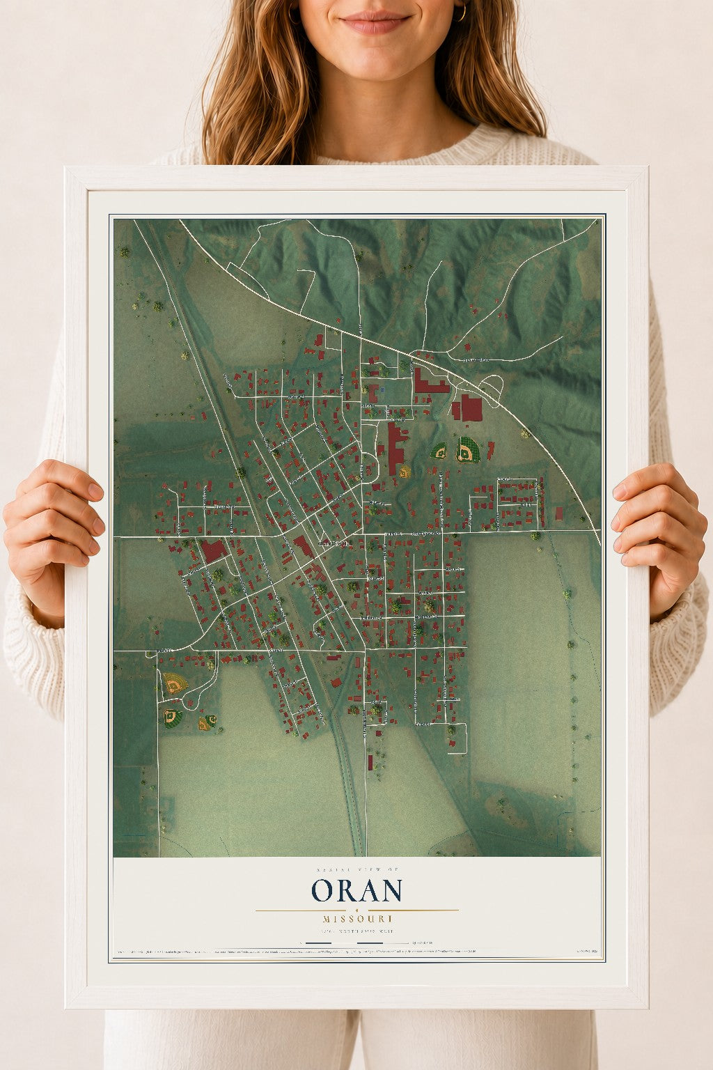Map of Oran, Missouri, 18 x 24 inch print in a white wood frame