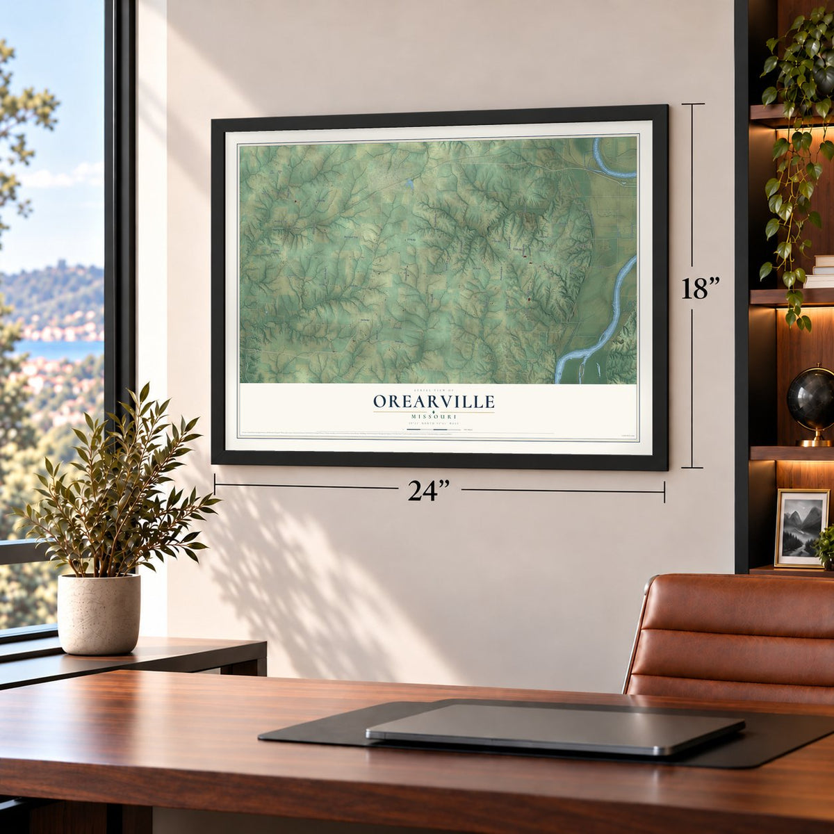 Orearville, Missouri map, 18 x 24 inch print in a black frame in a home office