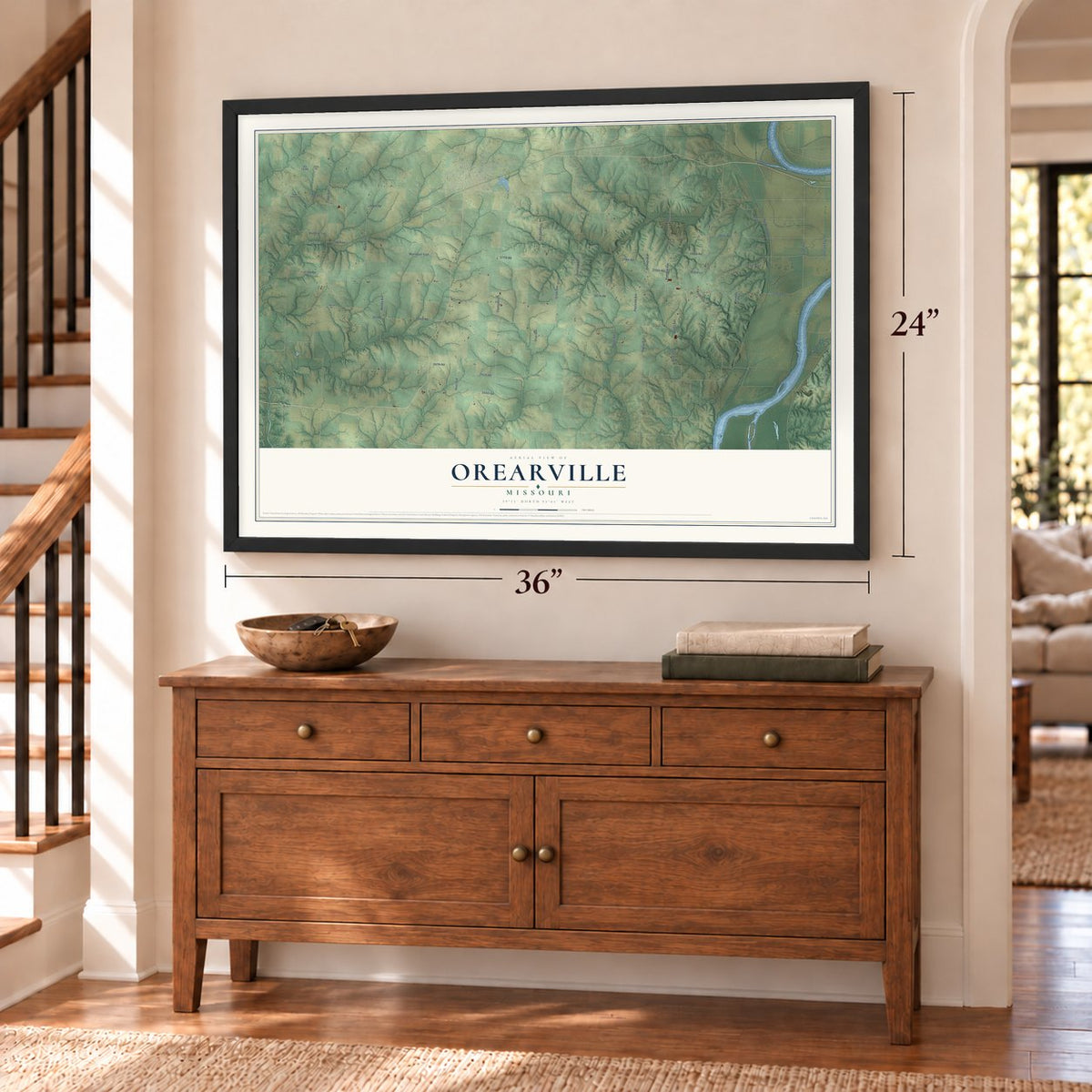 Orearville, Missouri map, 24 x 36 inch print in a black frame above a dresser by a staircase