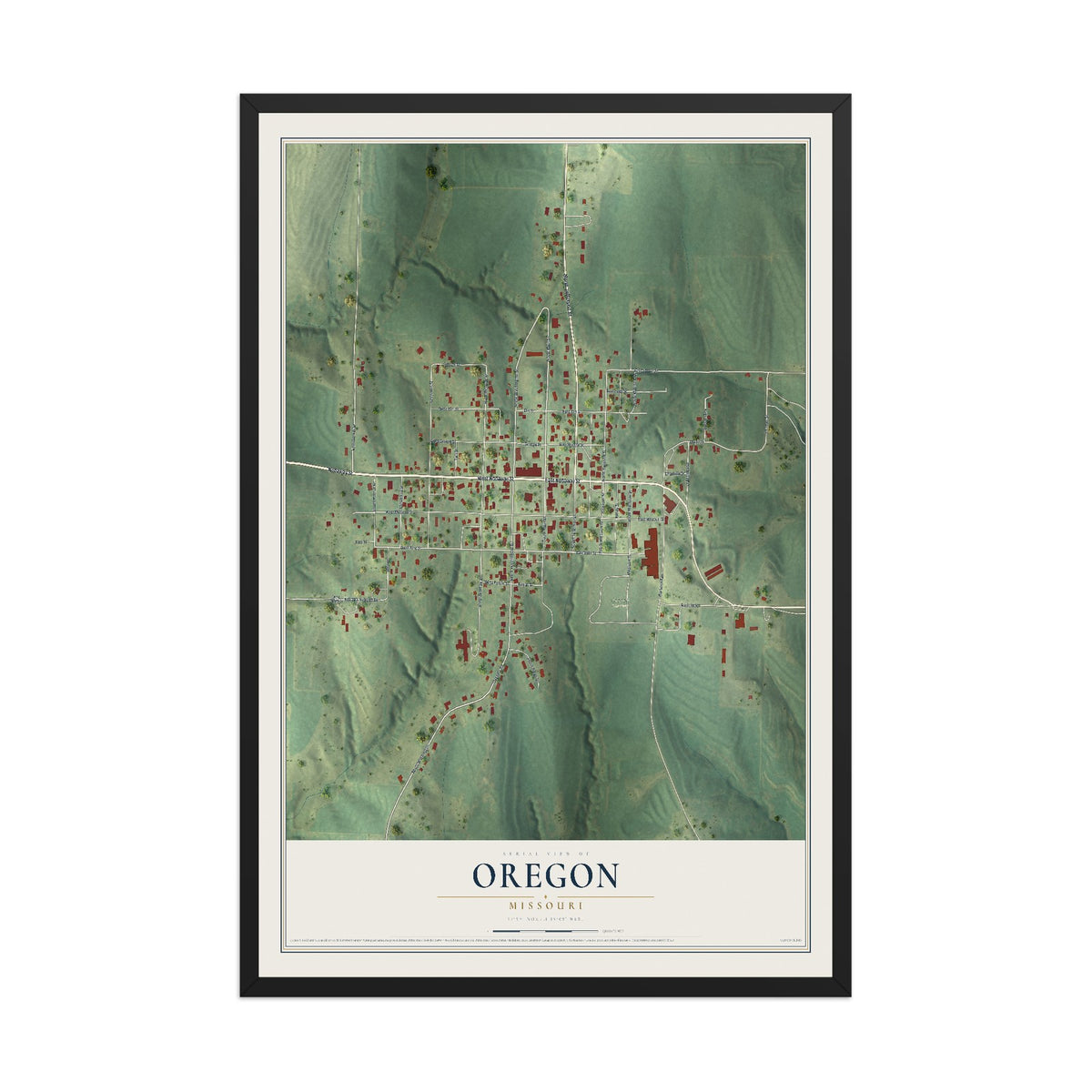 Map of Oregon, Missouri, 12 x 18 inch print in a black wood frame