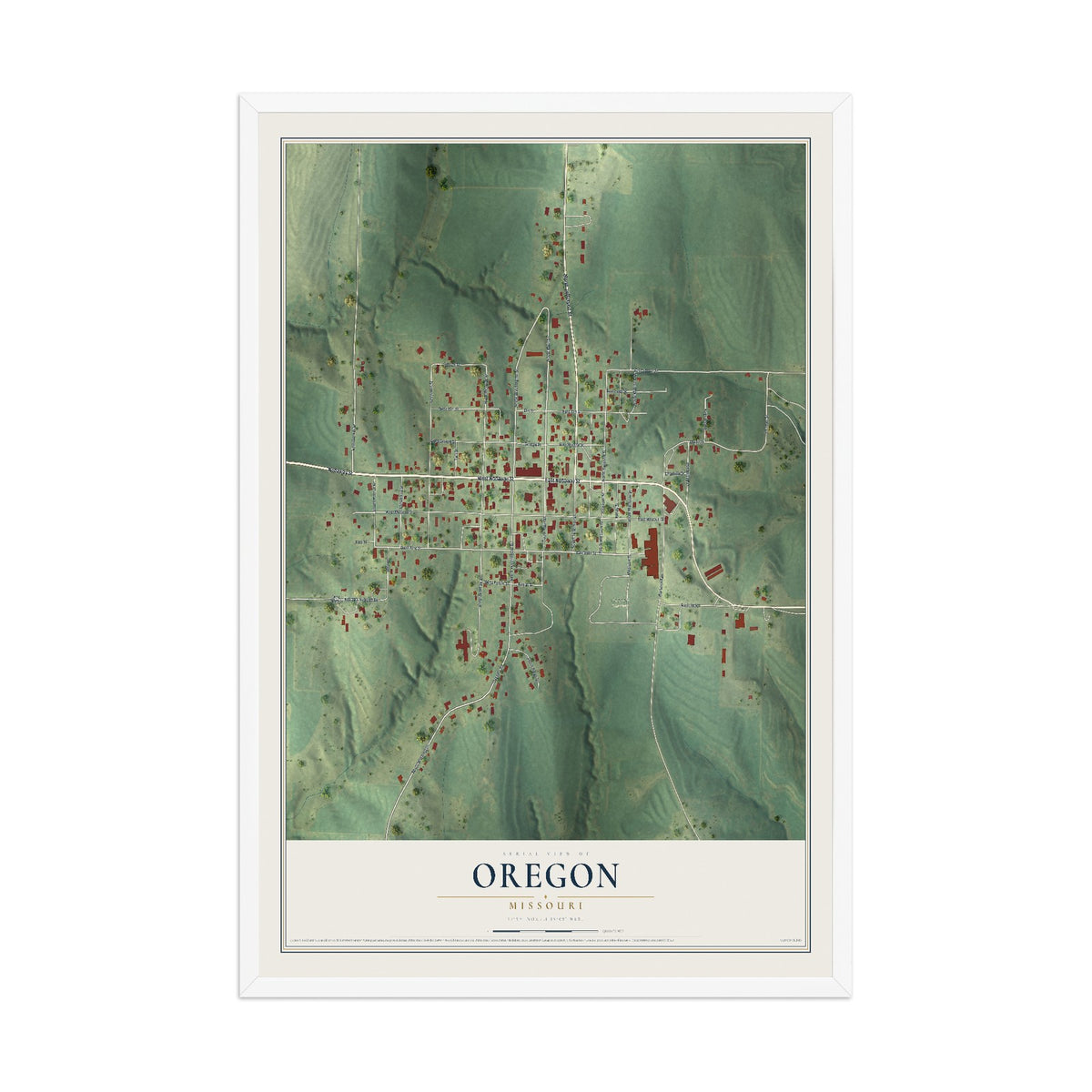 Map of Oregon, Missouri, 12 x 18 inch print in a white wood frame