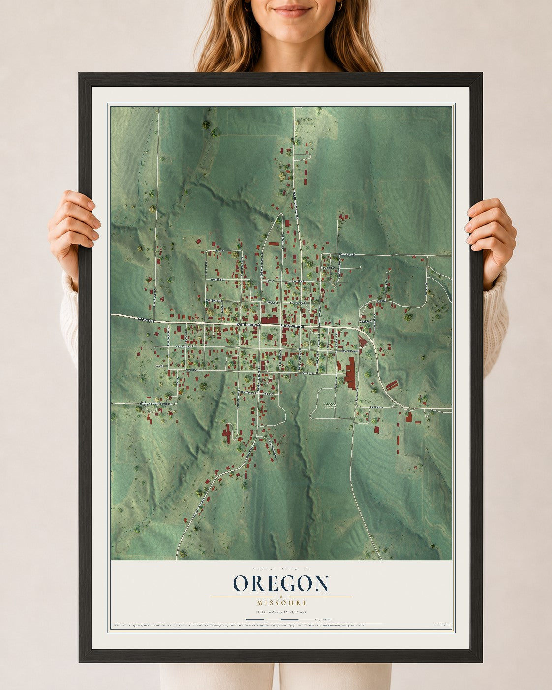 Map of Oregon, Missouri, 24 x 36 inch print in a black wood frame
