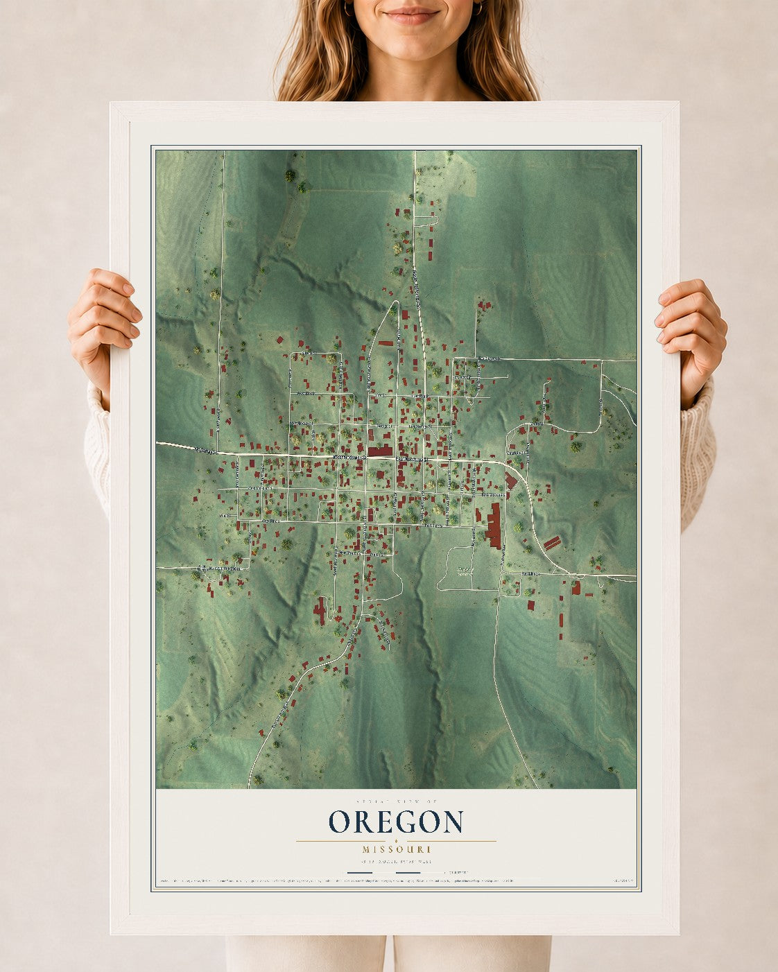 Map of Oregon, Missouri, 24 x 36 inch print in a white wood frame