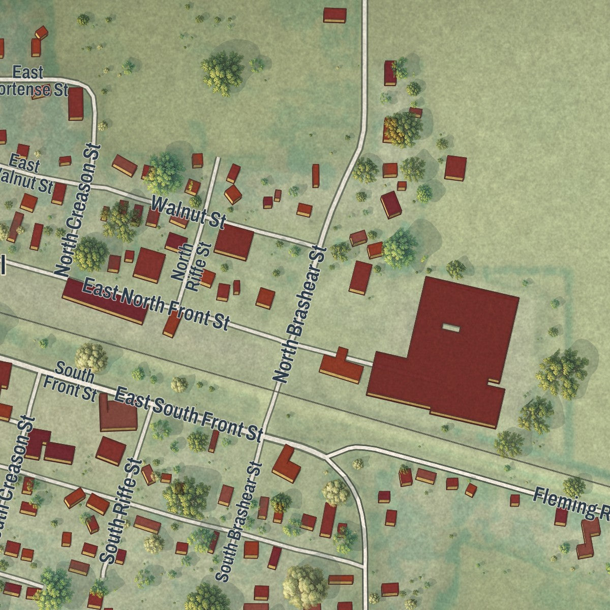 Second close-up of the map of Orrick, Missouri print showing more streets and buildings