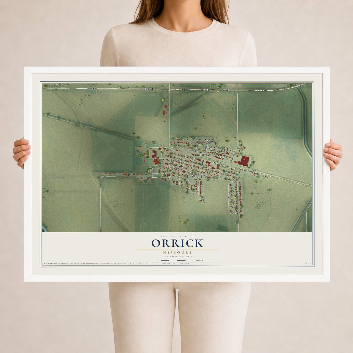 Map of Orrick, Missouri, 24 x 36 inch print in a white wood frame