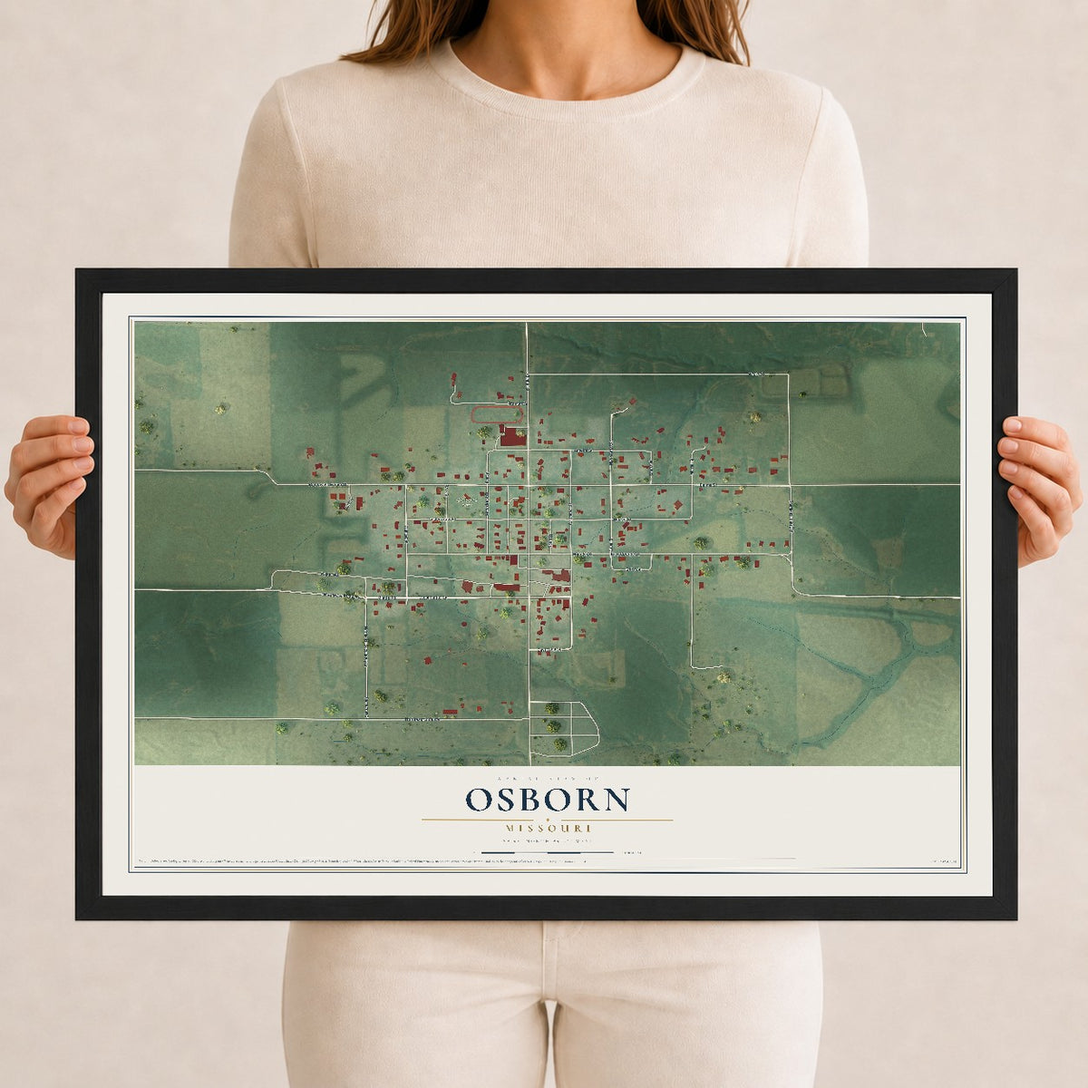 Map of Osborn, Missouri, 12 x 18 inch print in a black wood frame