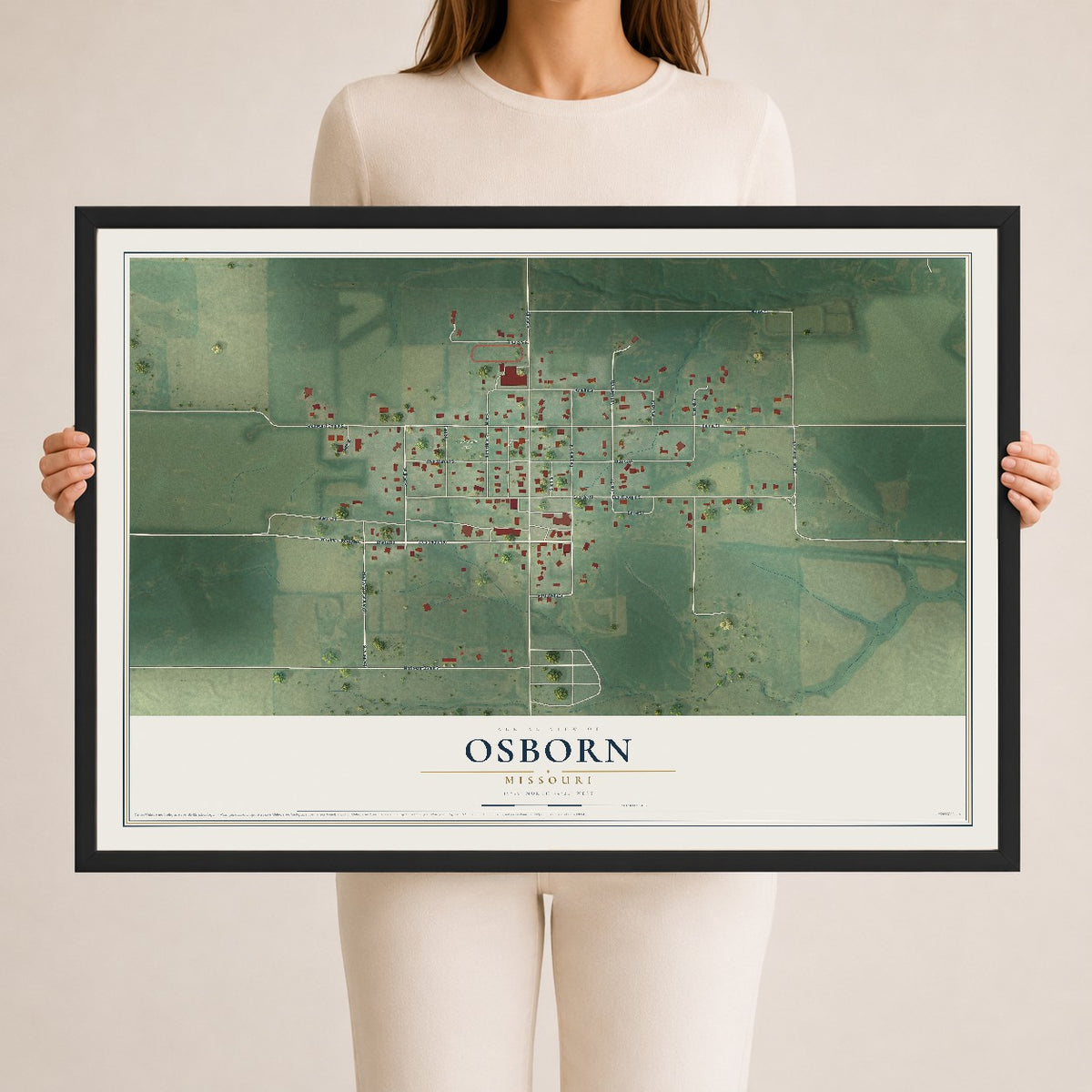 Map of Osborn, Missouri, 24 x 36 inch print in a black wood frame