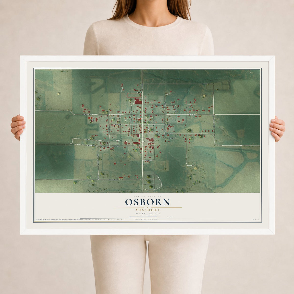 Map of Osborn, Missouri, 24 x 36 inch print in a white wood frame