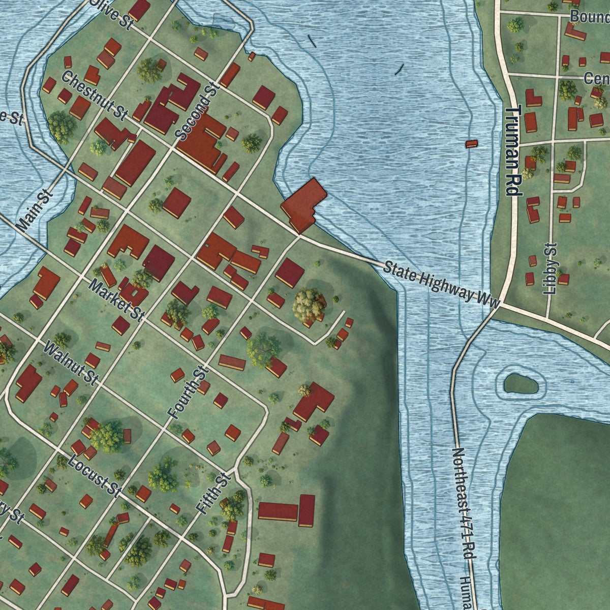 Close-up of the map of Osceola, Missouri print showing street and building detail