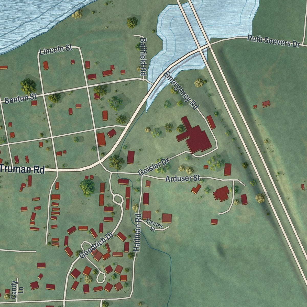 Second close-up of the map of Osceola, Missouri print showing more streets and buildings
