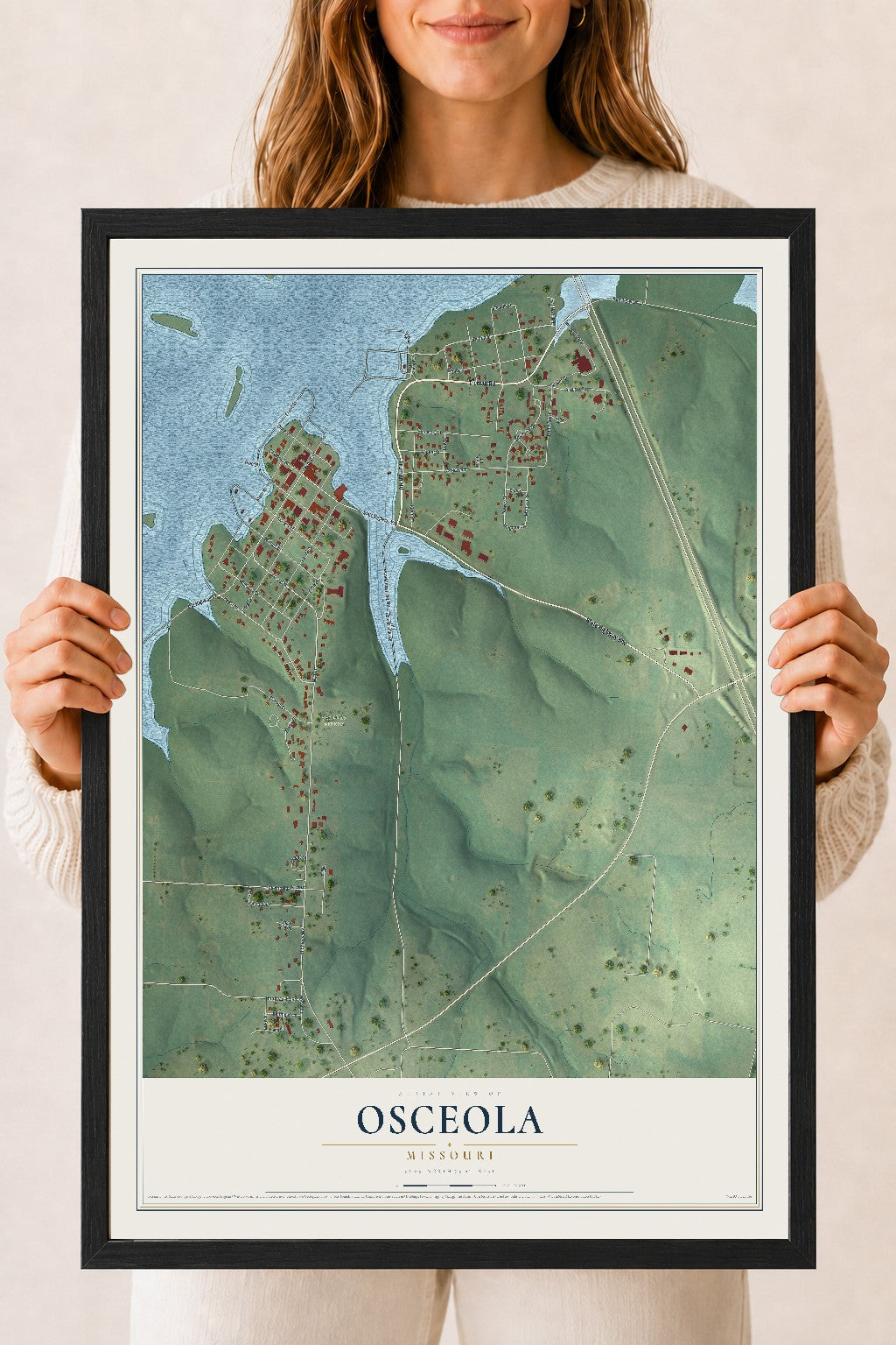 Map of Osceola, Missouri, 18 x 24 inch print in a black wood frame