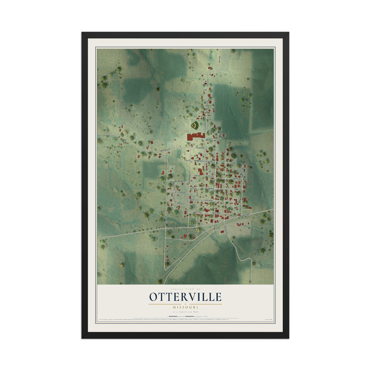 Map of Otterville, Missouri, 12 x 18 inch print in a black wood frame
