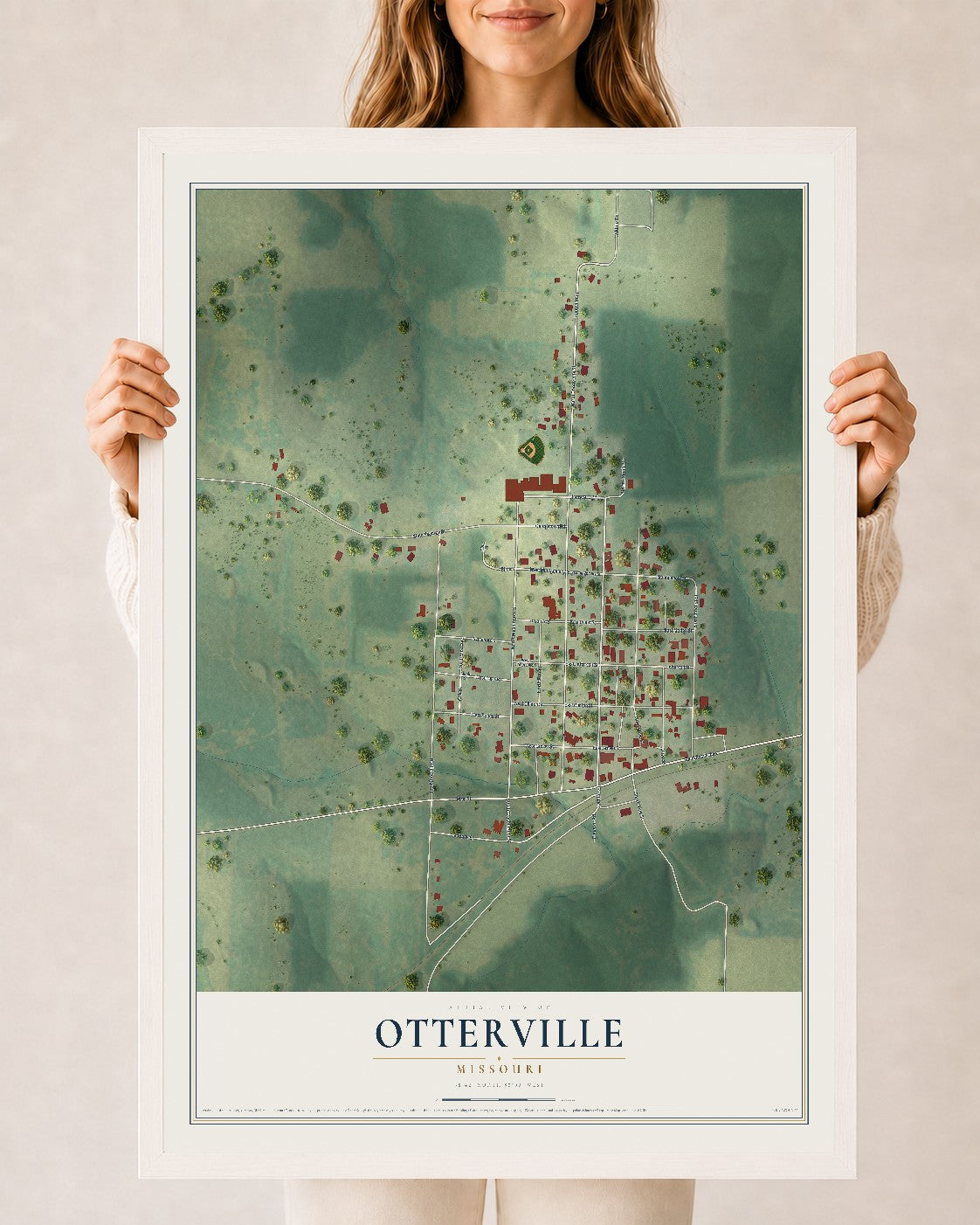 Map of Otterville, Missouri, 24 x 36 inch print in a white wood frame