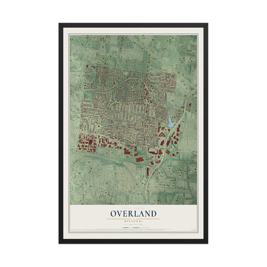 Map of Overland, Missouri, 12 x 18 inch print in a black wood frame