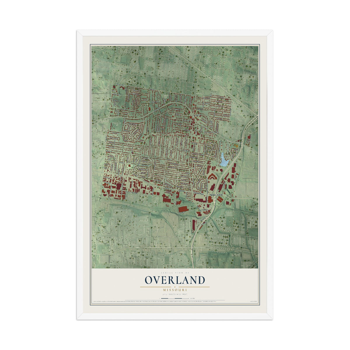 Map of Overland, Missouri, 12 x 18 inch print in a white wood frame