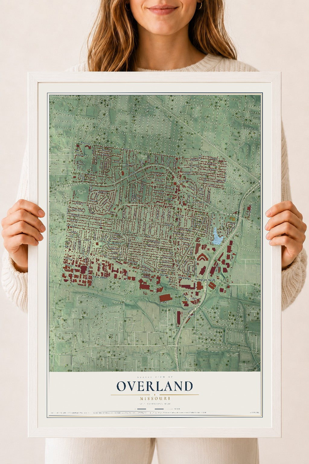 Map of Overland, Missouri, 18 x 24 inch print in a white wood frame