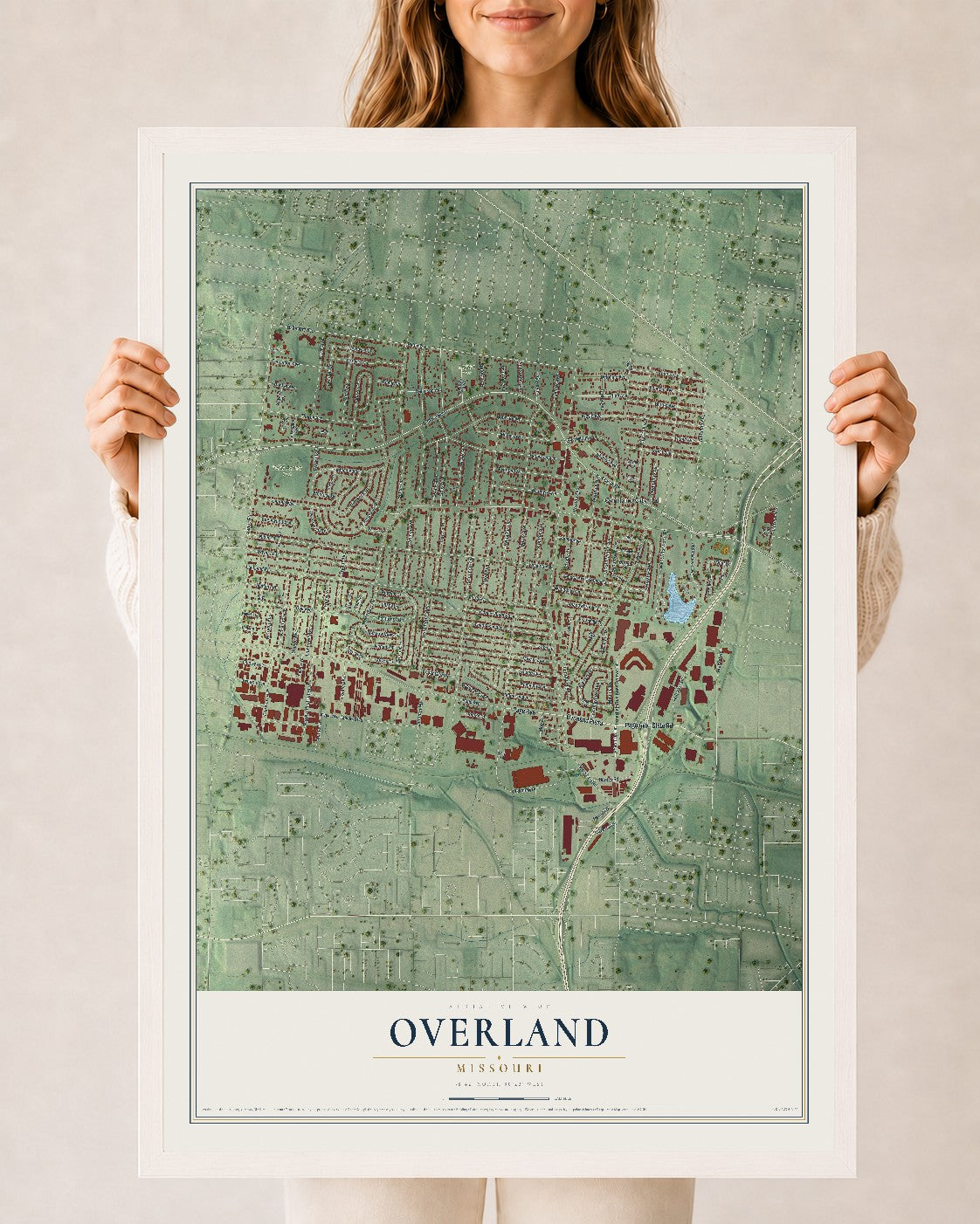 Map of Overland, Missouri, 24 x 36 inch print in a white wood frame
