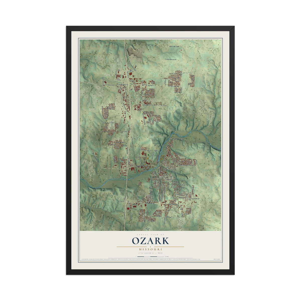 Map of Ozark, Missouri, 12 x 18 inch print in a black wood frame
