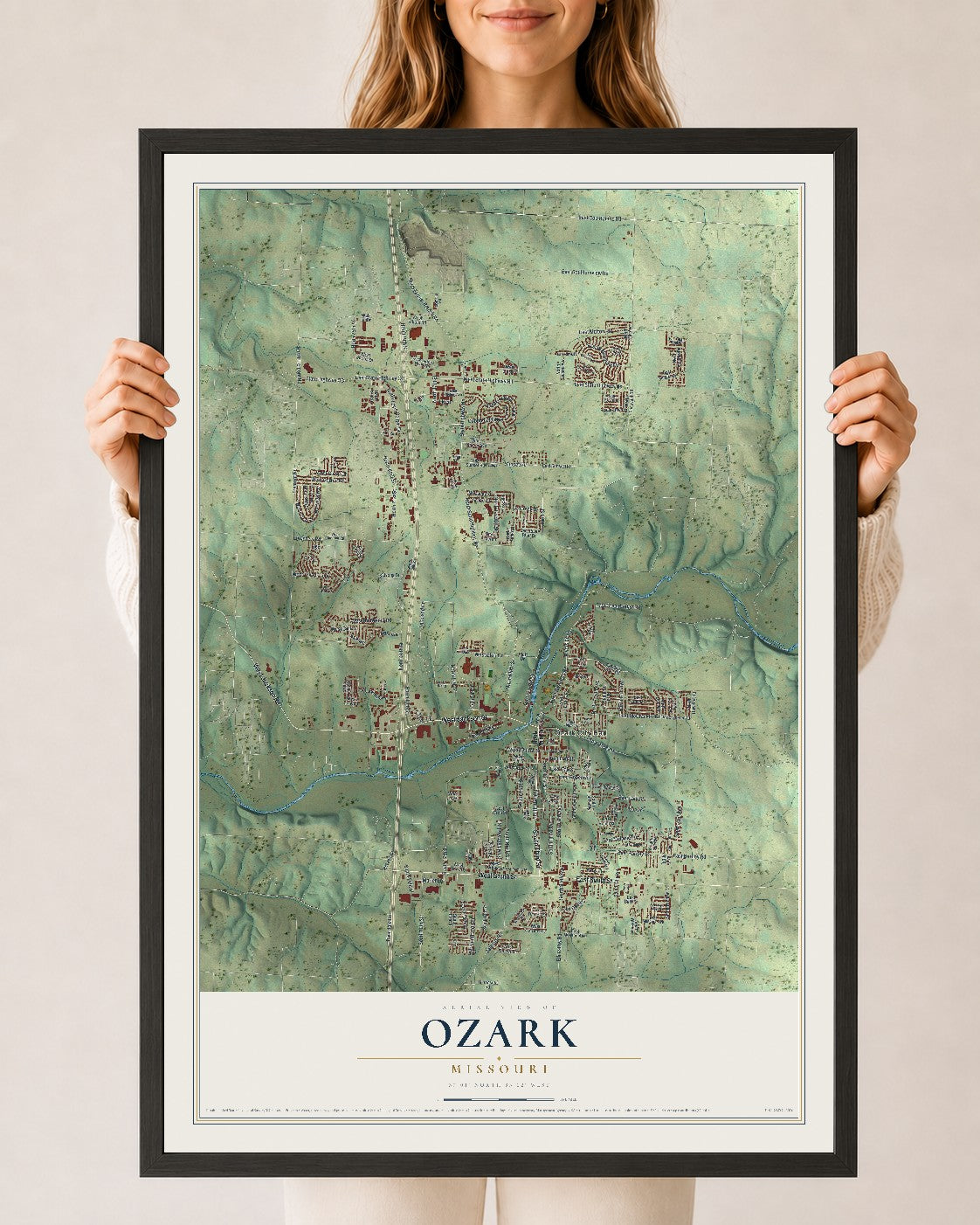 Map of Ozark, Missouri, 24 x 36 inch print in a black wood frame