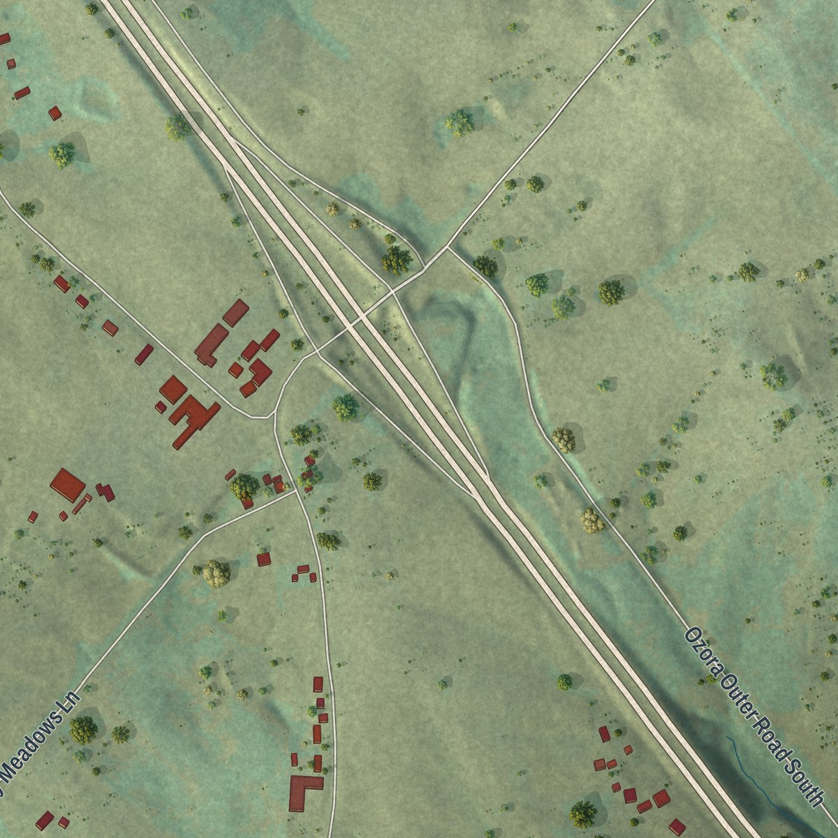 Close-up of the map of Ozora, Missouri print showing street and building detail