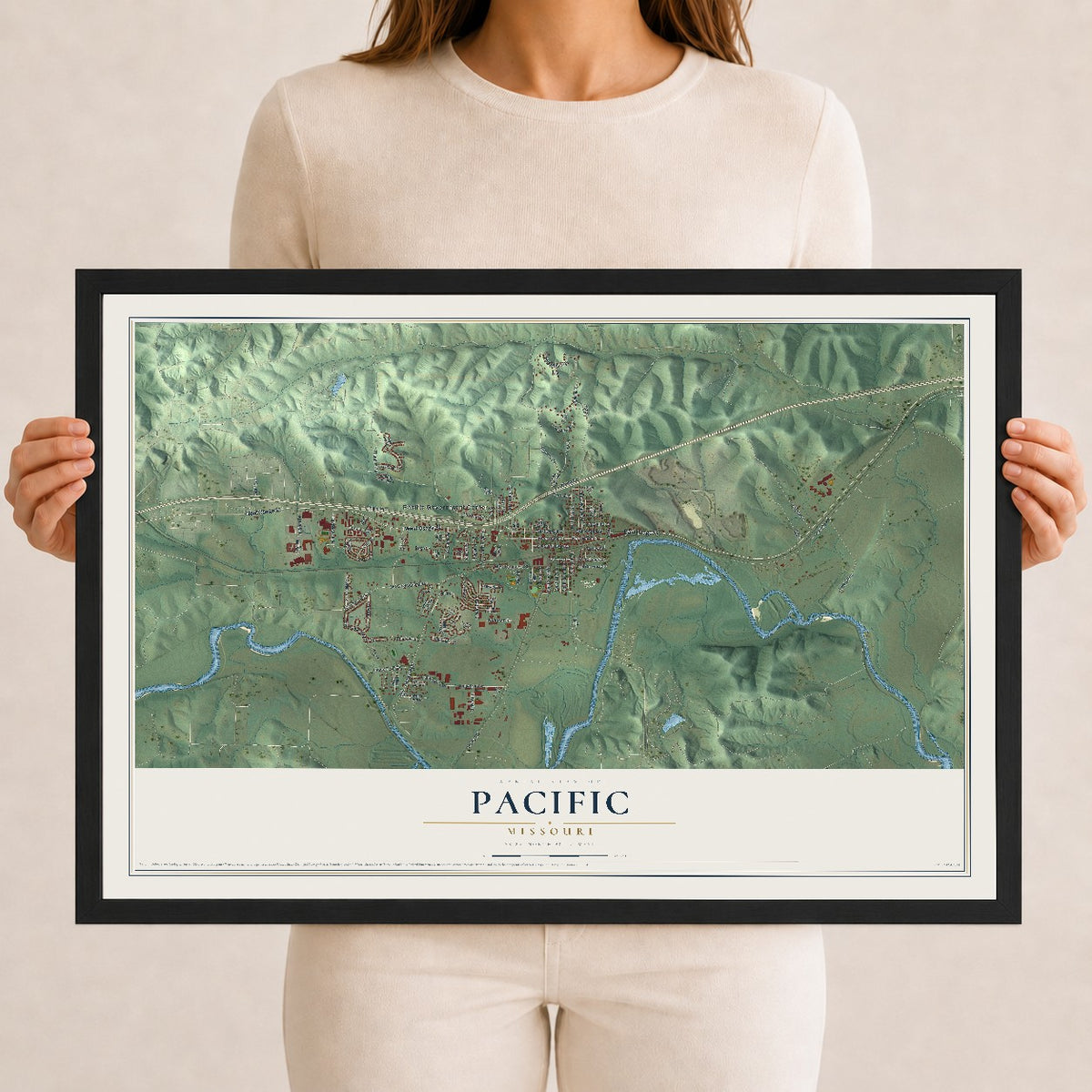 Map of Pacific, Missouri, 12 x 18 inch print in a black wood frame