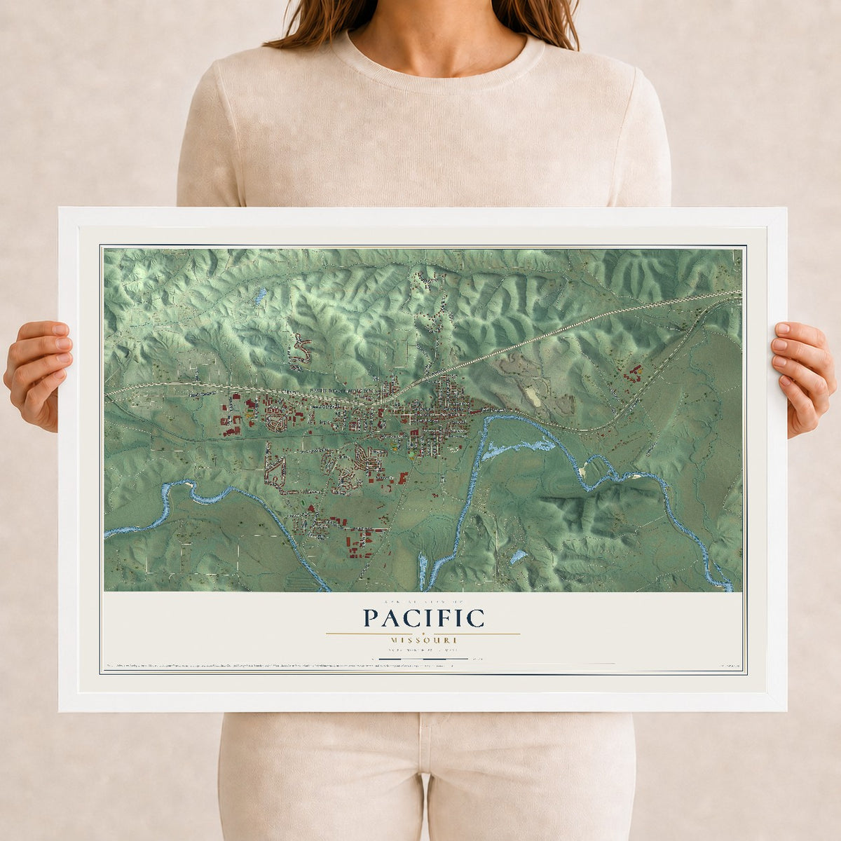 Map of Pacific, Missouri, 12 x 18 inch print in a white wood frame