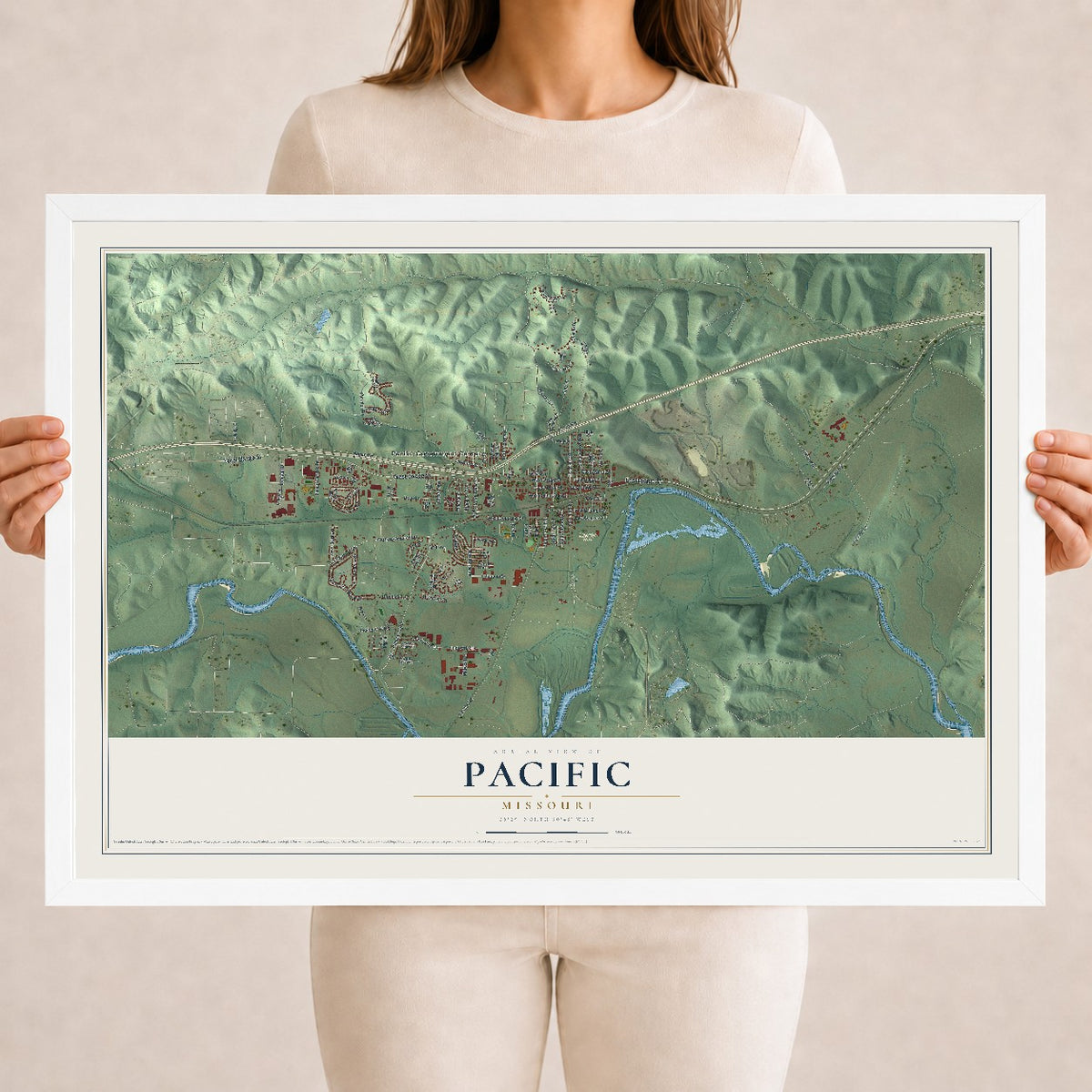 Map of Pacific, Missouri, 18 x 24 inch print in a white wood frame