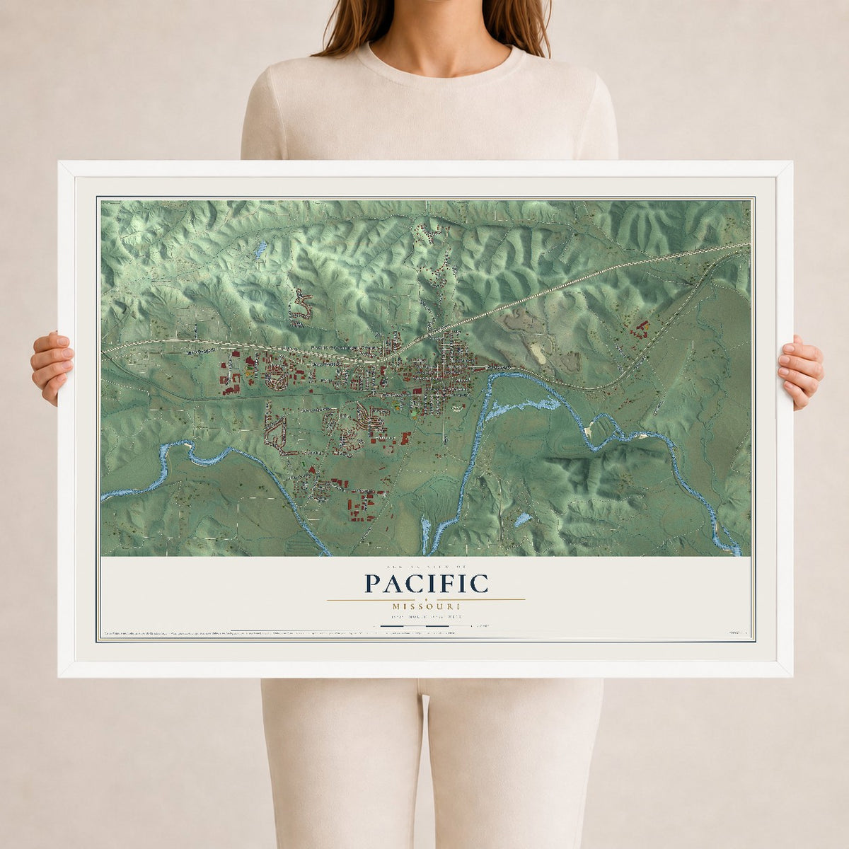 Map of Pacific, Missouri, 24 x 36 inch print in a white wood frame