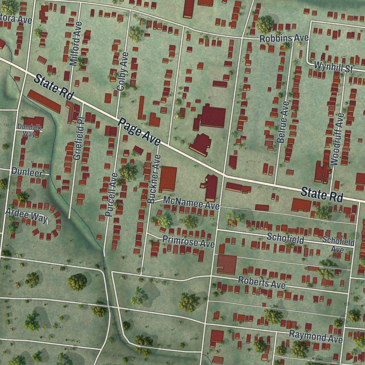 Close-up of the map of Pagedale, Missouri print showing street and building detail