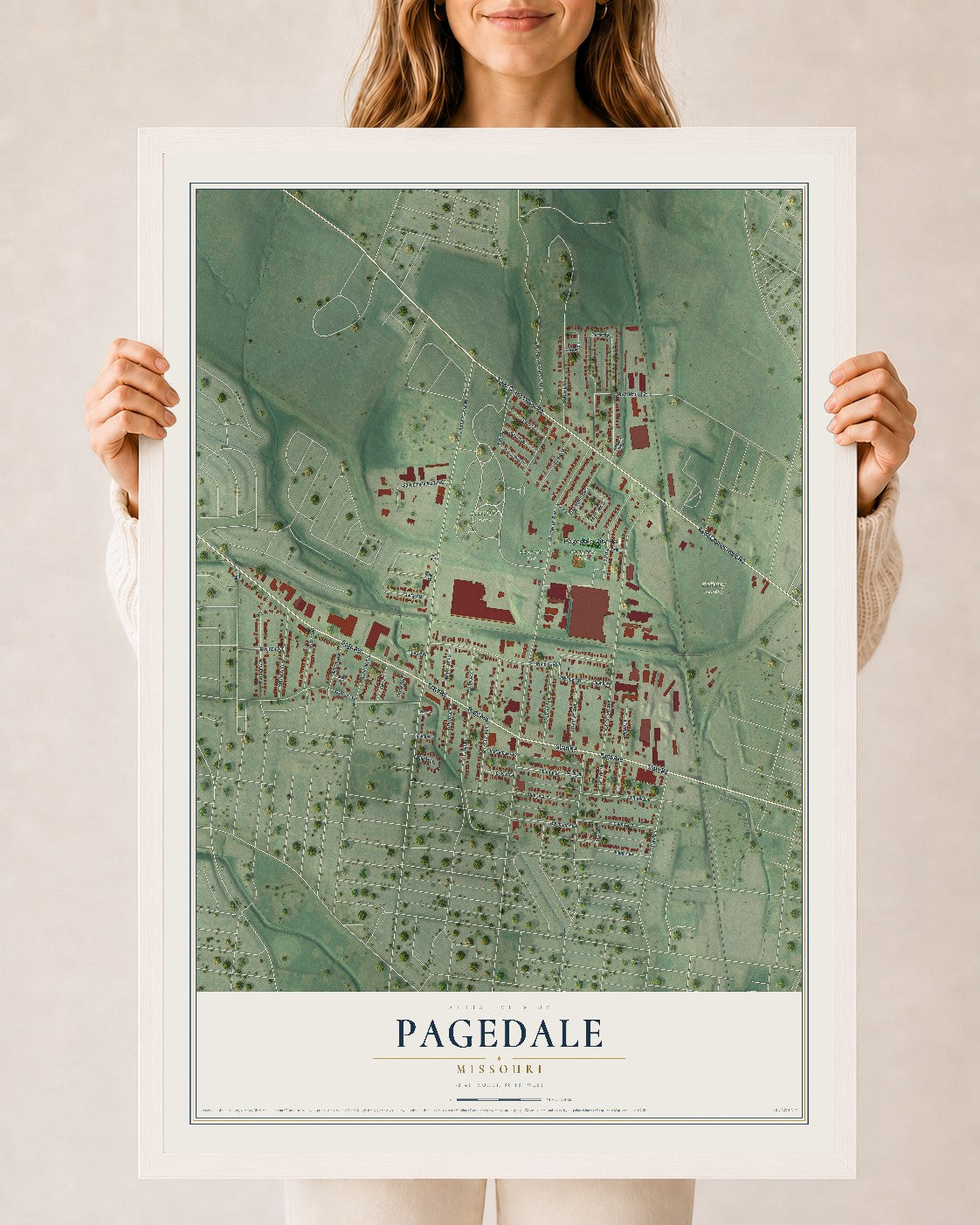 Map of Pagedale, Missouri, 24 x 36 inch print in a white wood frame