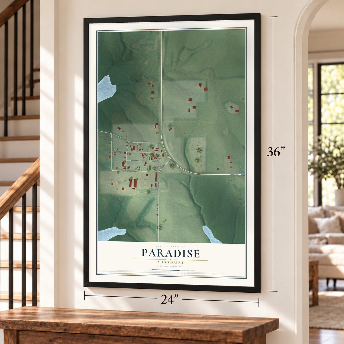Paradise, Missouri map, 24 x 36 inch print in a black frame by a staircase