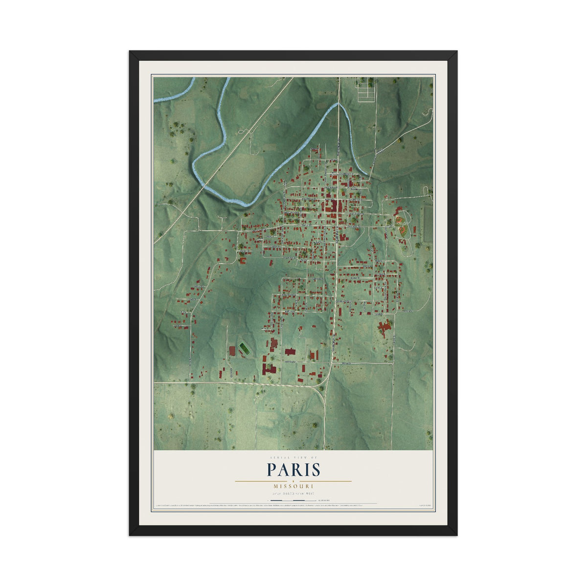Map of Paris, Missouri, 12 x 18 inch print in a black wood frame