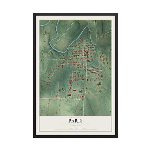 Map of Paris, Missouri, 12 x 18 inch print in a black wood frame