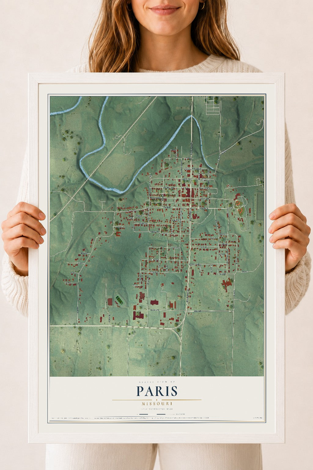 Map of Paris, Missouri, 18 x 24 inch print in a white wood frame