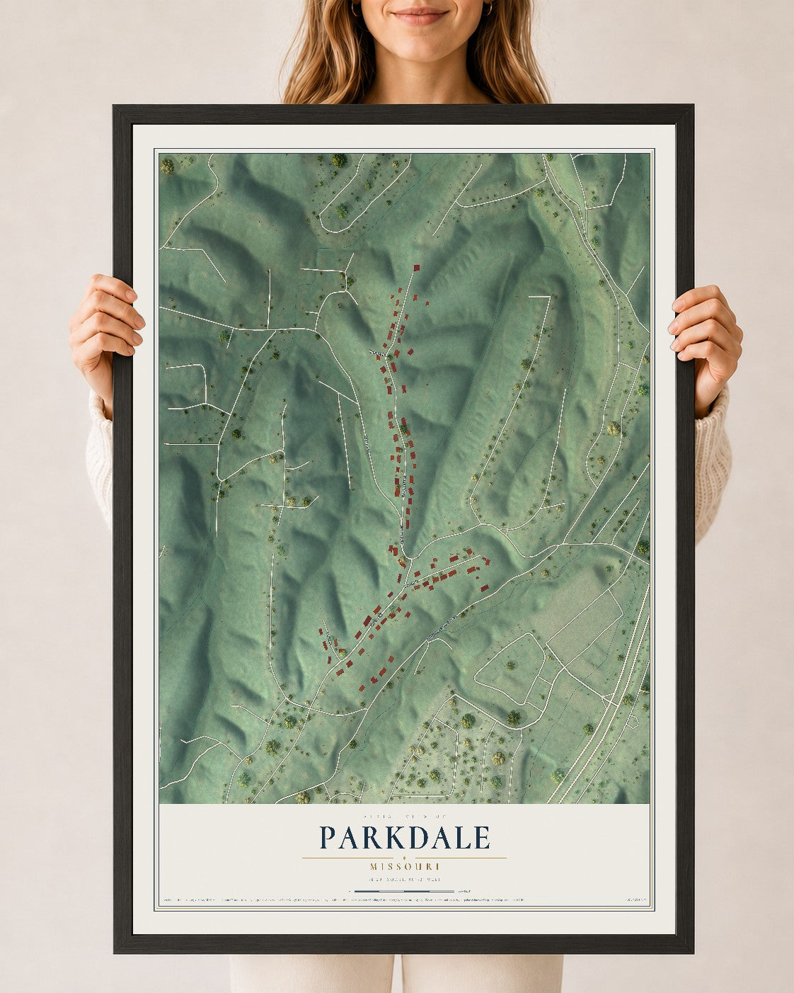 Map of Parkdale, Missouri, 24 x 36 inch print in a black wood frame