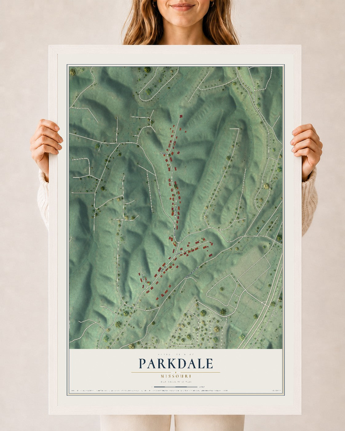 Map of Parkdale, Missouri, 24 x 36 inch print in a white wood frame